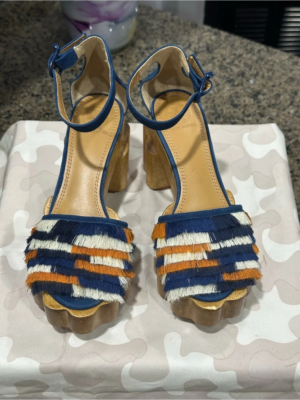 Tory Burch Navy Blue Fringe Platform Sandals with Orange and Cream Accents